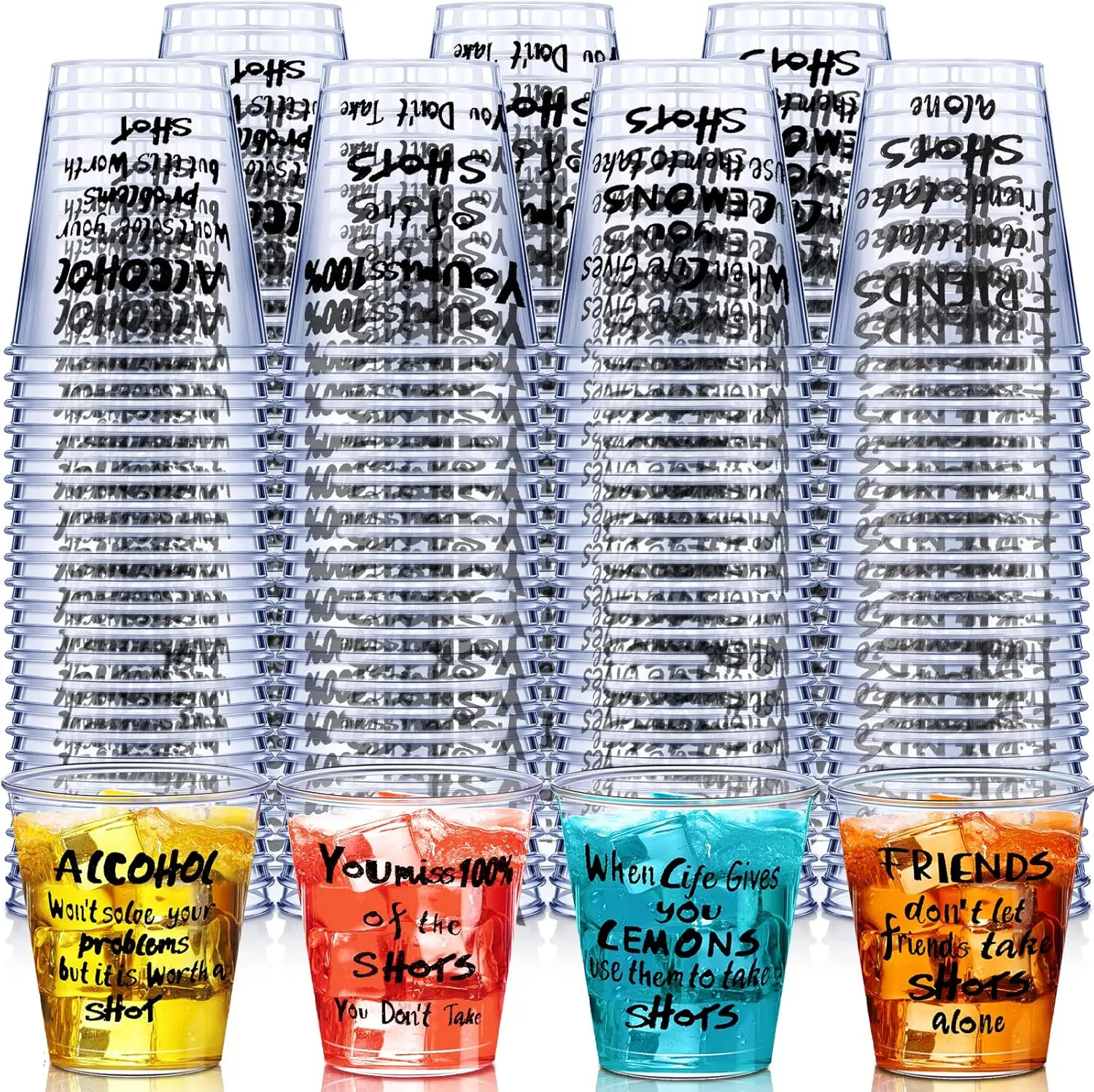100 count Plastic Shot Glasses 1.5 oz Disposable Cups Bulk Clear Plastic Sample Cups Transparent Tasting Mugs   Container Fun Design for Party Birthday Supplies Wedding, 4 Styles