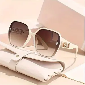 Female Oversized Classic Retro Rectangle Sunglasses - Anti-Reflective Blue Light Blocking PC Lenses, Semi-Rimless, Natural Material, White Glasses Pouch, Minimalist Fashion Eyewear, Suitable for Parties & Daily Use, Black Gold Light Square Aviator Design