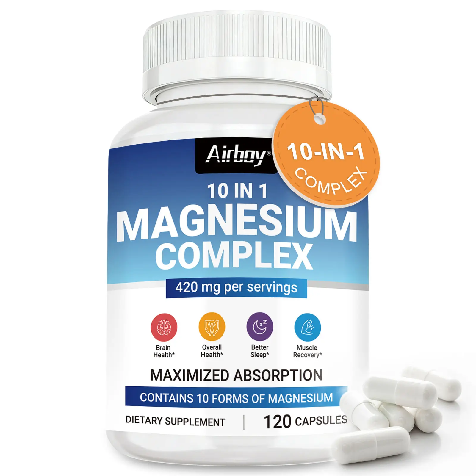 Magnesium Complex Supplement 10 Elemental 1000mg, 10 in 1 Magnesium Glycinate, Citrate, Malate & More, High Absorption Mag Complex for Nerves, Bone & Heart Health | Non-GMO, 120 Vegan Capsules