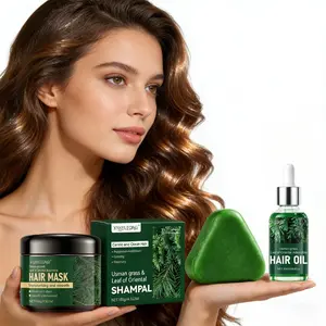 The Usman Platycladus Leaf Set (Hair Mask, Shampoo Bar, and Essential Oil) with Usman herb, Platycladus leaf, ginger, and mint strengthens hair, reduces breakage, balances oily scalp, prevents dandruff, and soothes with a refreshing sensation.