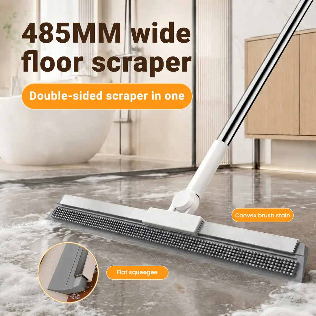 2-in-1 Silicone Floor Squeegee Broom, 180° Swivel Magic Broom Pet Hair Remover with Long Handle, Scratch-Free Waterproof Cleaner for Bathroom Tile, Glass Window, Carpet & Hardwood Floors