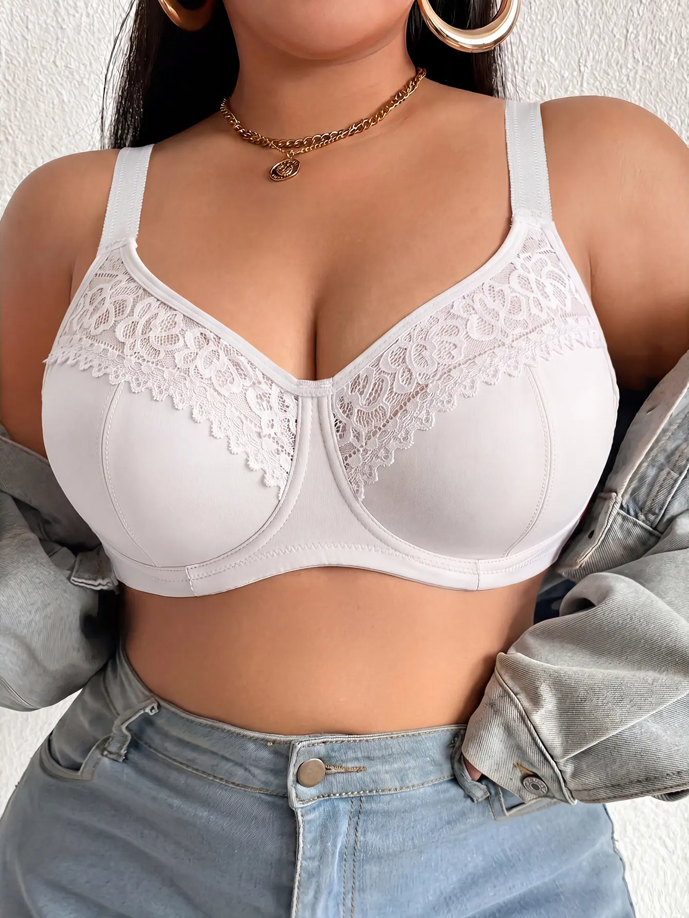 Ecomilky Women's Plus-Size Fashion Summer Half-Cup Lace Push-Up Bra - Fit, Comfortable Flattering Design, Front Buckle, Adjustable Straps, 4-Button Back Closures, Hand Wash, Minimalist White Style