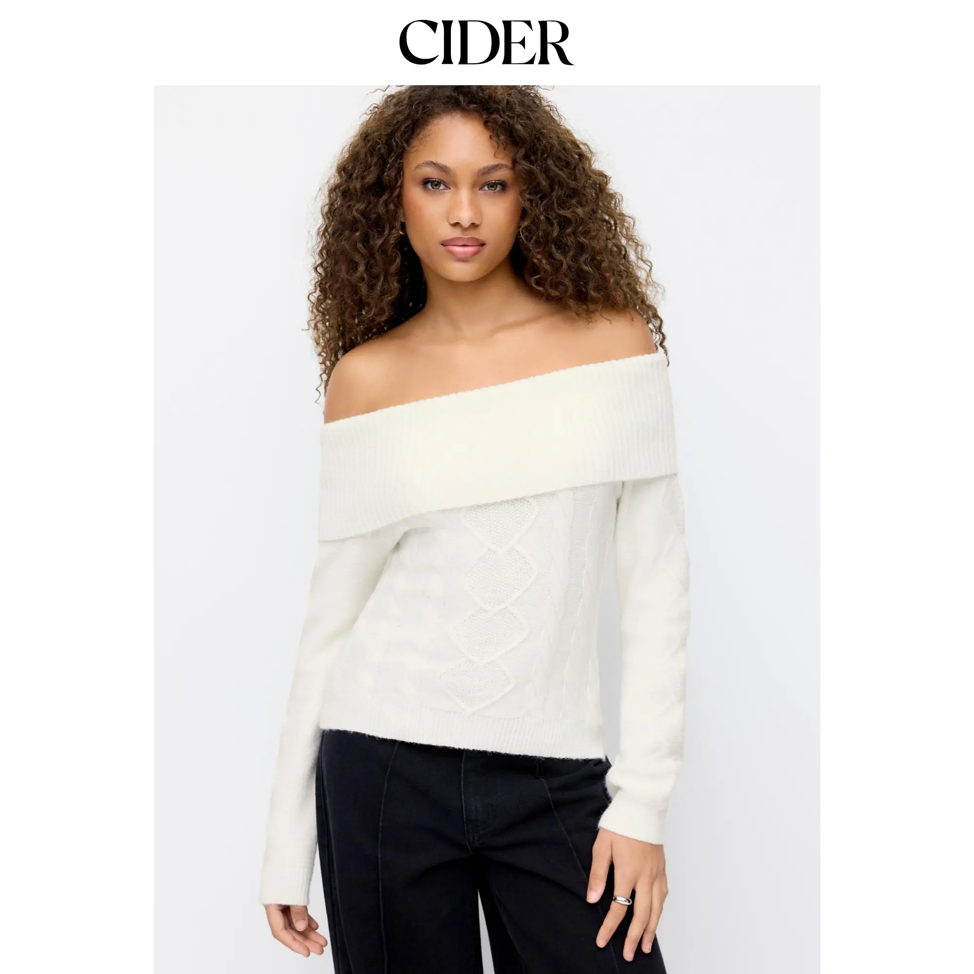 Cider Women's Cable Knit Off-Shoulder Long-Sleeve Basic Casual Knitwear Top, Longsleeves, Full Sleeve, Minimalist