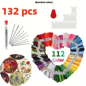 132 Pcs Embroidery Thread Kit, Including 112 Different Colors of Embroidery Thread, 9 Embroidery Needles, 10 Winding Devices, 1 Threading Device (random Color), Embroidery Decoration for Living Room and Bedroom Walls, Gifts for Friends