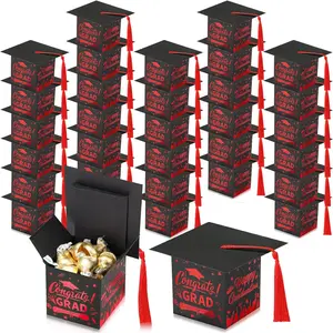 30 count Congrats Grad Party Candy Boxes, DIY Cap Box With Tassels for Graduation , Party Favors, Decor Supplies and Centerpieces for Tables (Red)
