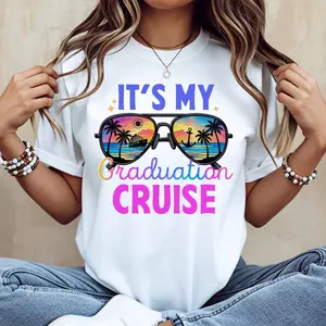 Its My Graduation Cruise Sunglasses Beach Scene Print T-Shirt Women Casual Short Sleeve Top Summer Vacation Party Wear