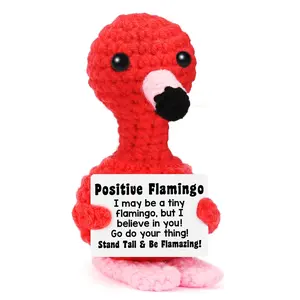 Fun Positive Flamingo Knitted Doll, Handmade Crochet Emotional Support Toy, Inspirational Card Included, Creative Encouragement Gift, Cuddly Stuffed Animal, Soft Stuffed Animals