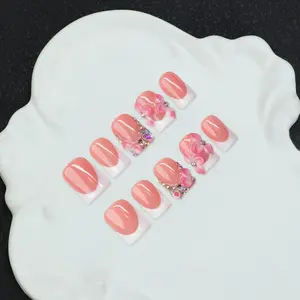 10pcs/Set Handmade Square Nail Tips With French Edge Design, Carved Patterns & Rhinestones, Nude & White Color, Y2K Baddie Style, Suitable For Party, Wedding, Daily Wear, Includes Nail Tools, Great Gift For Women & Girls Nails Nail Supplies