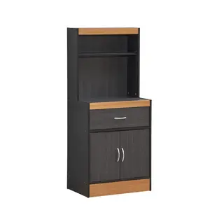 Hodedah  54 x 15.75 x 23.62 in. Open Shelves, 1-Drawer & Bottom Enclosed Storage Kitchen Cabinet, Black & Beech