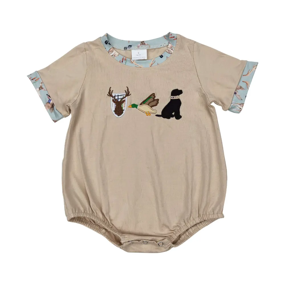 Baby Boy's Romper, Short Sleeve Cotton Outfit with Fun Hunting Design, Soft Playwear with Puppy Prints and Snap Closures