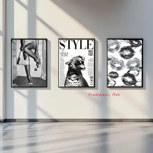 3-Piece Set, Black-and-White Leopard Print Canvas Wall Art Modern Art Design Retro Newspaper Cheetah Wall Decoration Girl Poster High-Heel Lip Print Painting Feminist Artwork Apartment Dormitory Decorative Painting (Frameless)