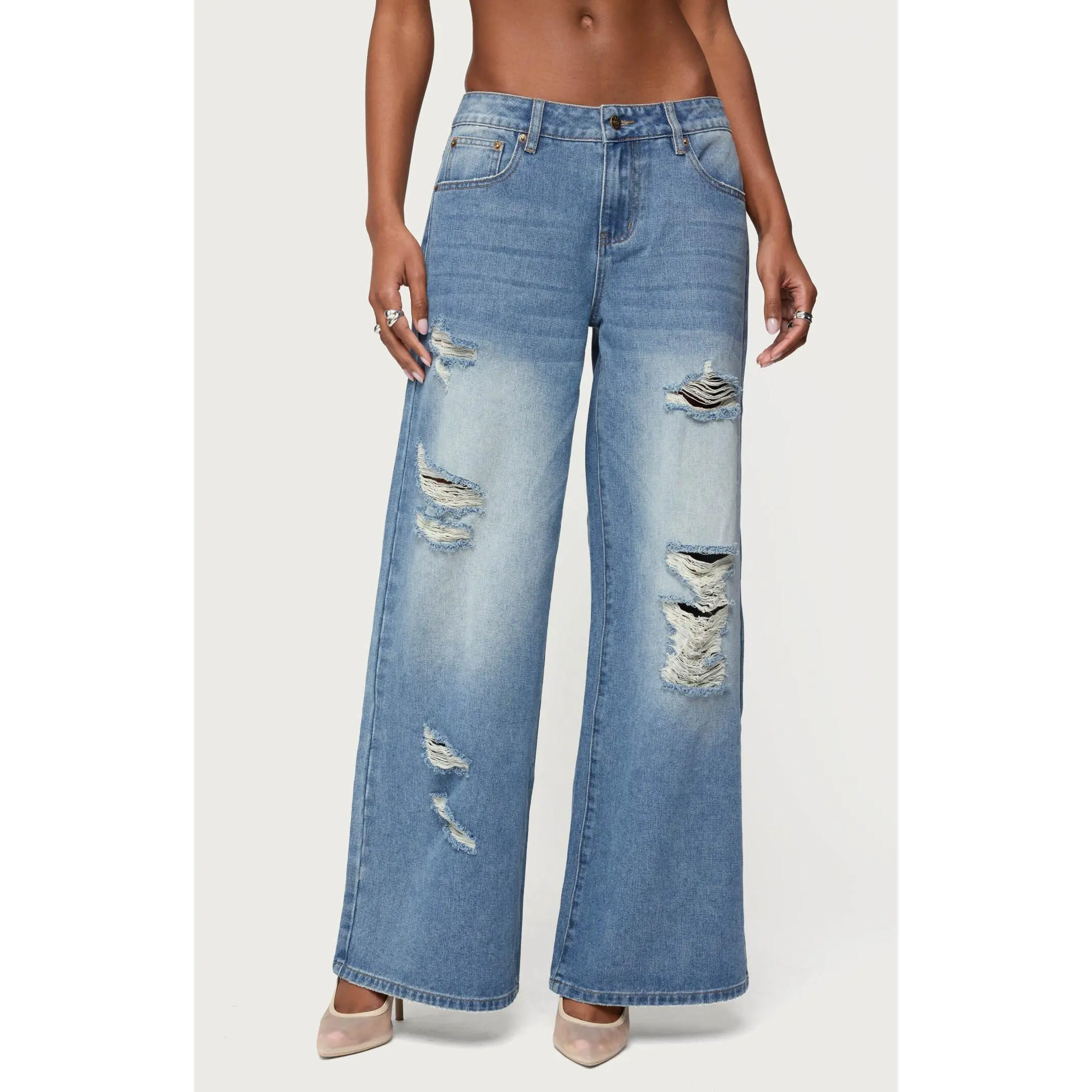Edikted Women's Frye Distressed Low Rise Baggy Jeans