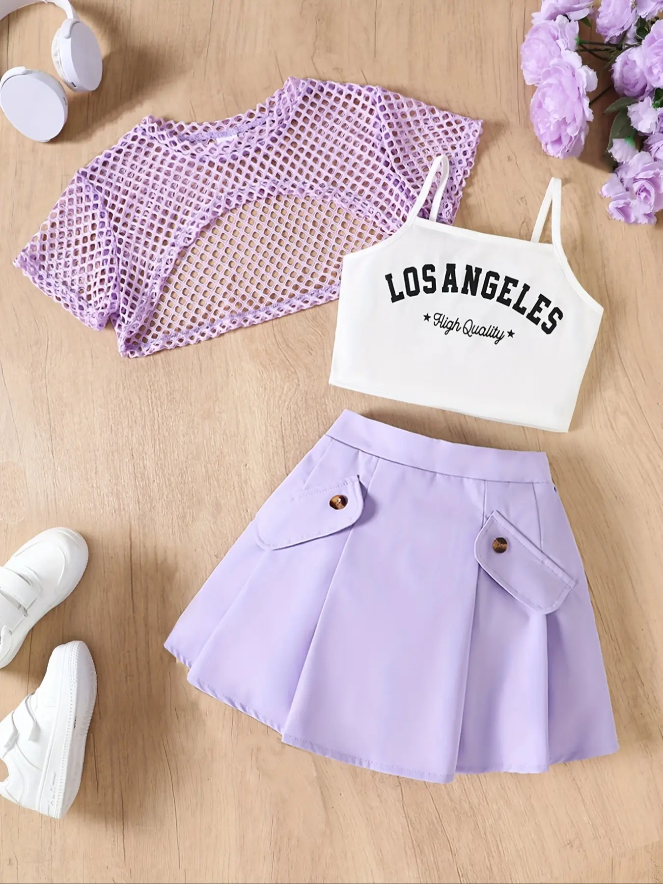 Girls' Fashion Three-Piece Set, Light Mesh Short Top, Tank with Losangeles Print, Pleated Skirt with Pockets, Summer Clothing Set