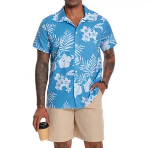 JUNBAOSS Hawaiian Shirt for Men, Unisex Summer Beach Casual Short Sleeves Button Down Shirts, Fit Fashion Comfy Flower Printed Blouse Vacation Clothing, Classic Soft Floral Polyester Stylish Tops, Outfits for Daily Wear Long Shortsleeve Menswear Lzcs3