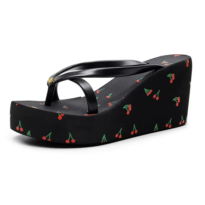 Women's Cherry Print Wedge Flip Flops High Heel Platform Thong Sandals Y2K Cute Retro Slippers Summer Beach Vacation Casual Chunky Slides Pool Aesthetic Shoes