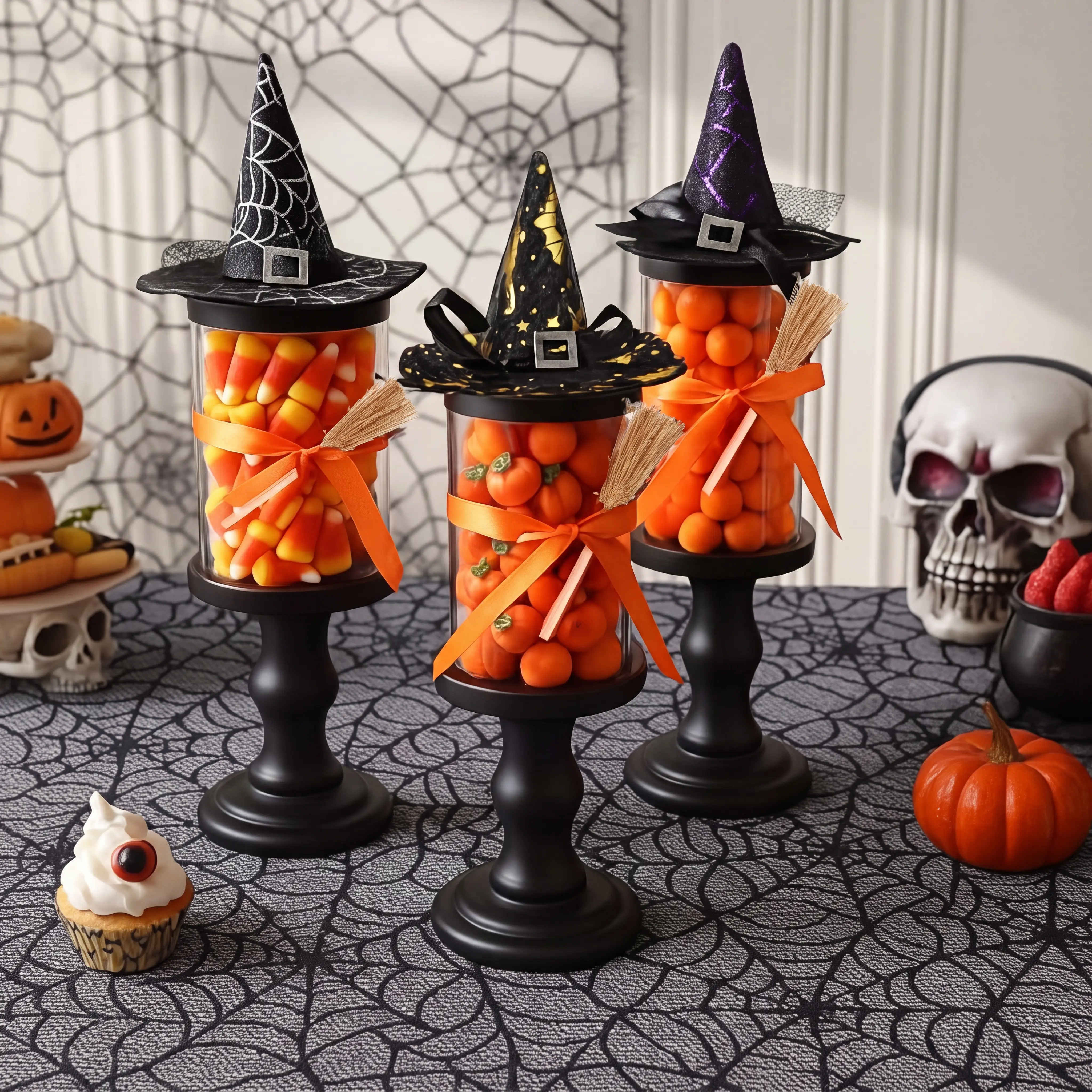 Modern 3/4 Pcs Plastic Halloween Candy Jar with Lid, Treat Cookie Containers with Mini Witch Hats, Witch Brooms, Candlesticks & Ribbons, Snack Serving Bowl, DIY Bucket for Party Table Display Decoration, Organiser