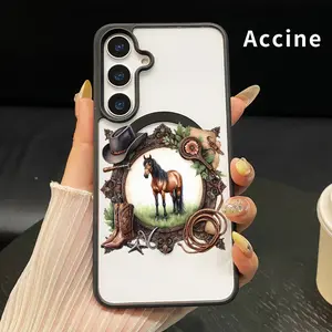 Compatible with Samsung Galaxy S26 S23 Ultra S24 Plus S25 Edge S22+ FE Cowboy Horse Pattern Shockproof Non-Yellowing Crystal Transparent Acrylic Soft Case Supports Wireless Charging.