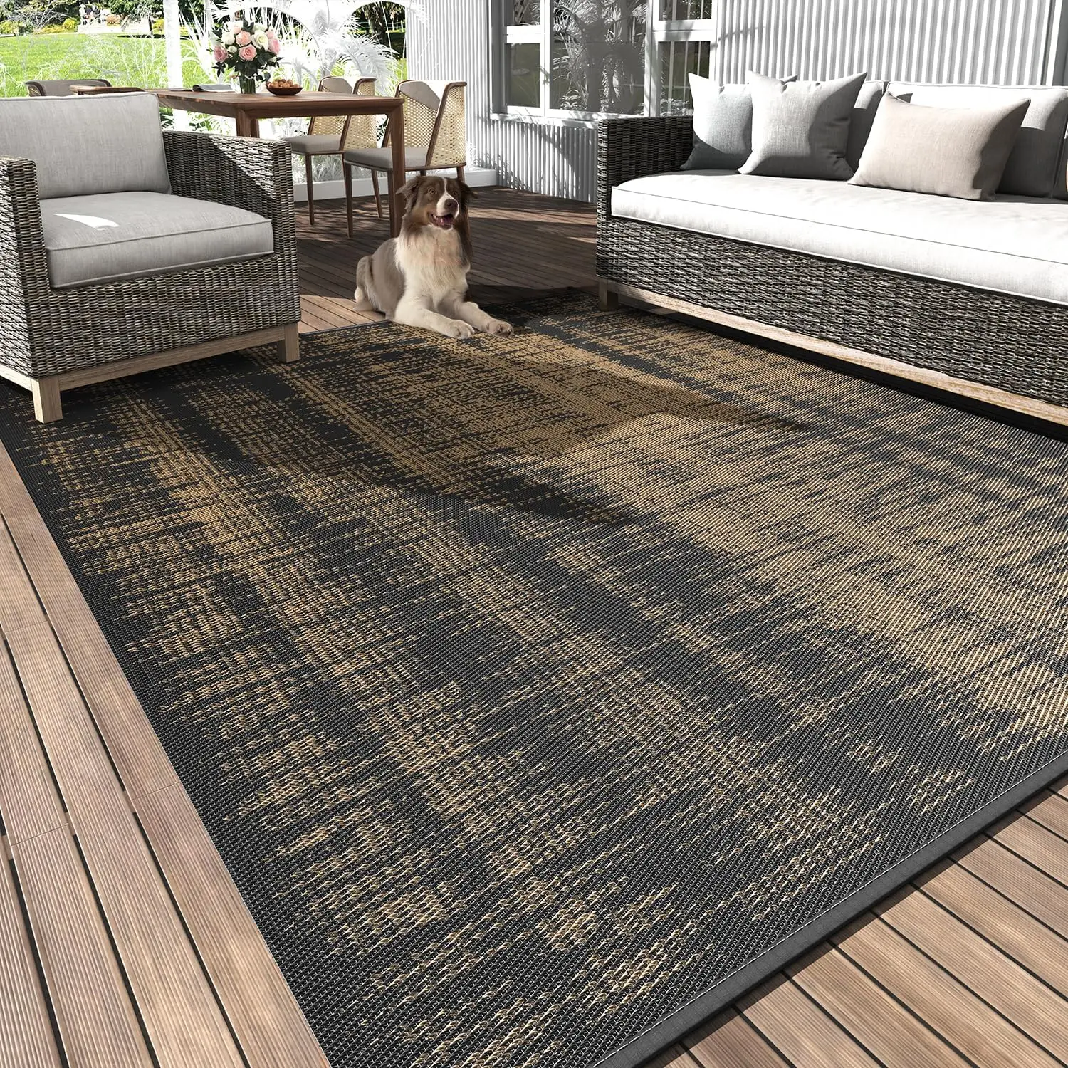 [CLEARANCE] MontVoo Waterproof Outdoor Rug, Boho Geometric Reversible Mat, Stain-Resistant & UV-Proof Plastic Straw Rug, Foldable Patio & RV Camping M