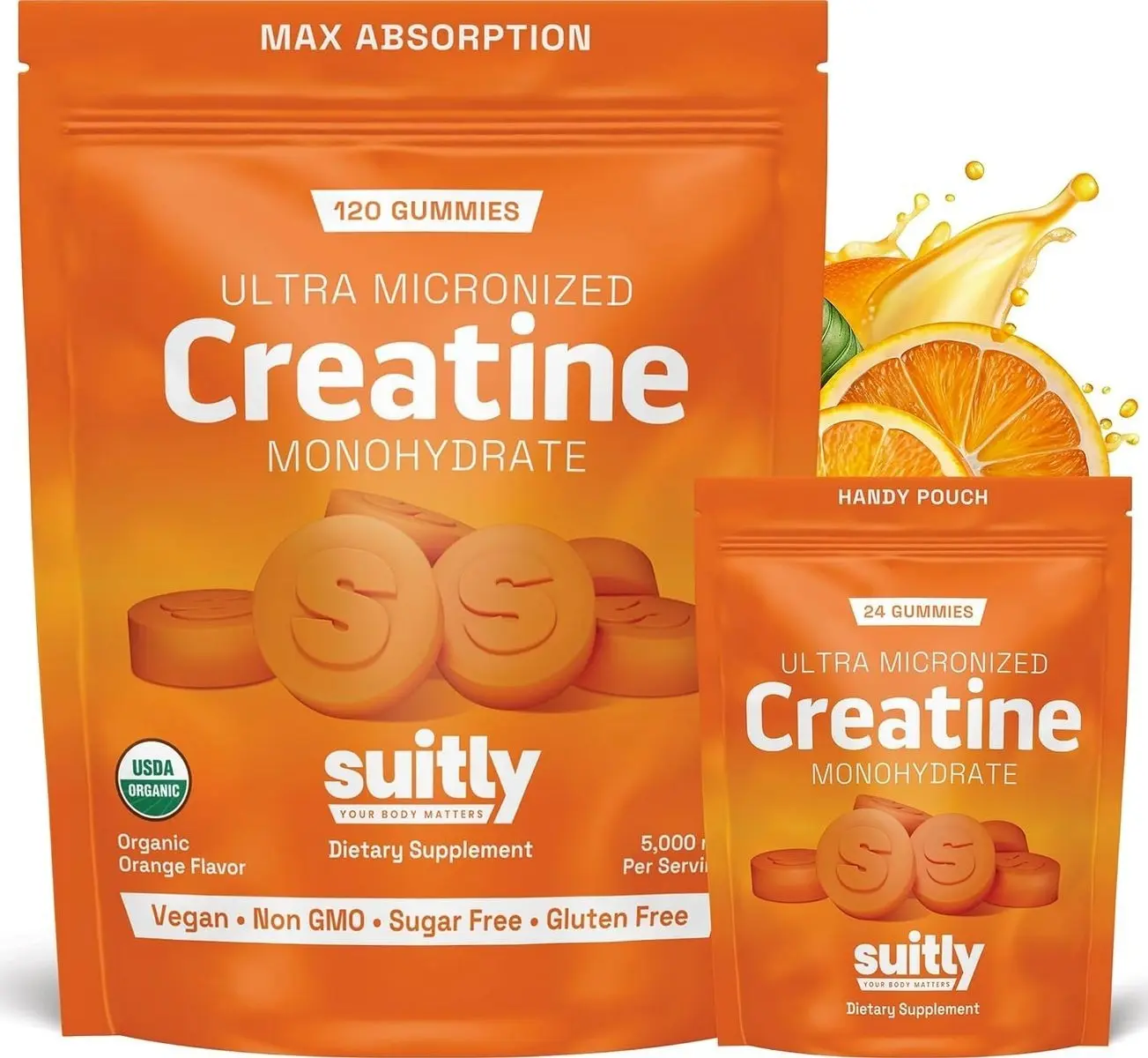 USDA Organic Ultra-Micronized Creatine Gummies for Men & Women; Orange Max Absorption 5g Creatine Gummies Sugar Free for Muscle Gain, Energy & Recovery; Muscle Builder for Women with Pouch - 120 Count