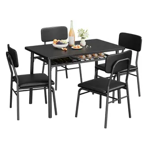 Dining Table Set for 4 with Storage Rack, 5-Piece Kitchen Table and Upholstered Chairs of 4, Wood Tabletop & Heavy-Duty Metel Frame, Dining Room Set for Small Space, Apartment