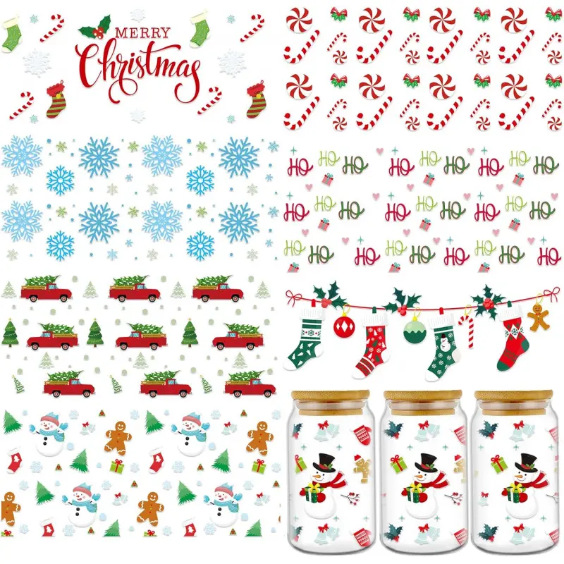 Christmas UV DTF Cup Wrap - 7 Sheets Merry Christmas UV DTF Cup Wraps for 16 oz Snowman Candy Snowflake UVDTF Decals Waterproof Rub on Transfer Stickers for DIY Glass Cups