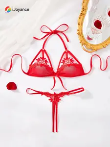 iJoyance Women's Alluring Lace-Patterned Red Lingerie Set with Transparent Inner Layer & 3D Embroidery for Daily Wear Comfortable Soft Materials Elegance