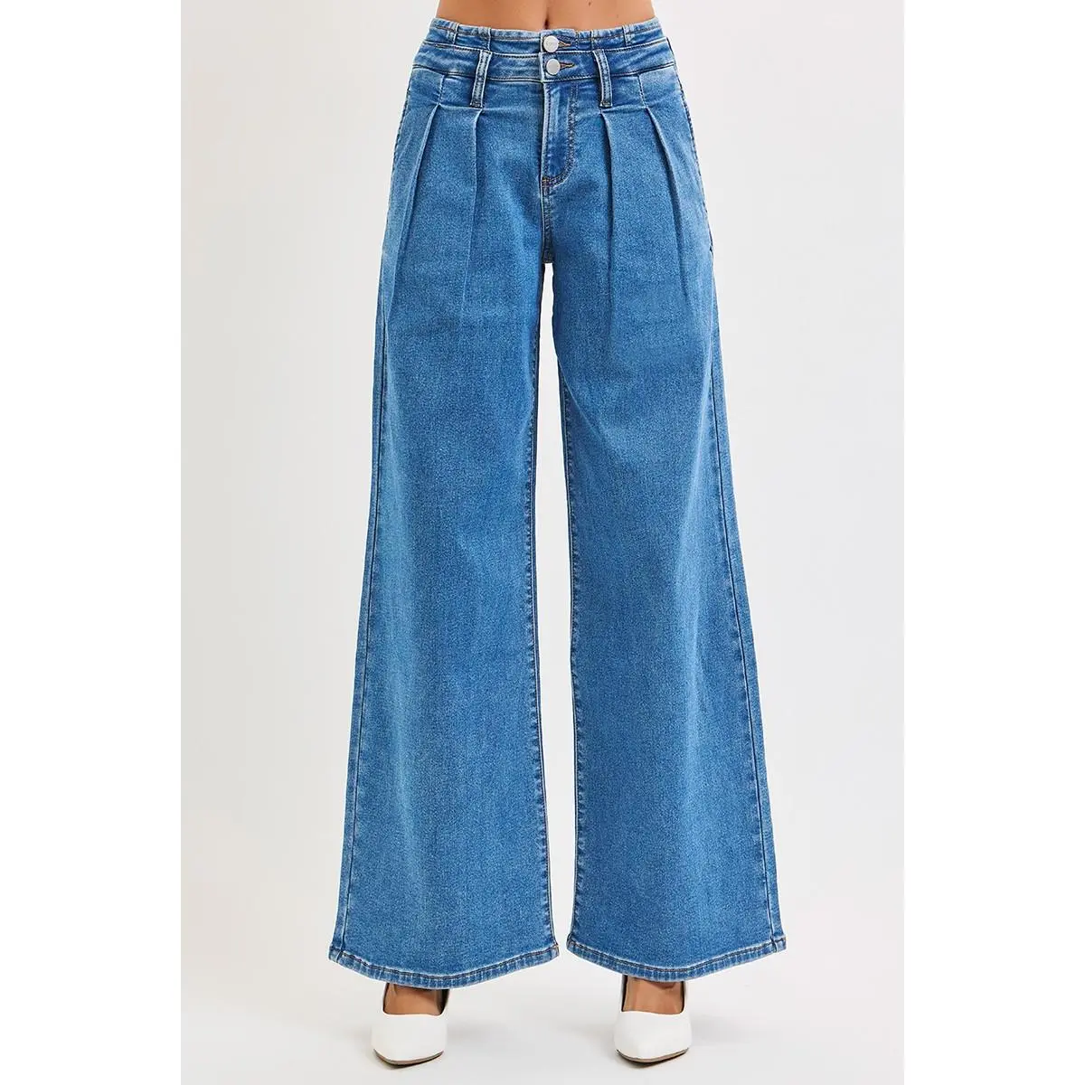 Women's Plus Size Pleated Jeans, Elegant Mid-Rise Wide Leg Denim with Pockets, Statement Casual Trousers, Spandex, Elegance