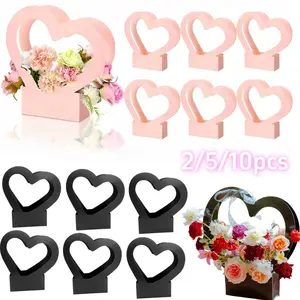 2/5/10pcs Romantic Heart-Shaped Flower Gift Bags: Foldable & Handheld Tote Bags for Special Occasions – Perfect for Valentine's Day, Weddings, Birthdays, Graduations, Mother's Day (Available in Pink & Black)