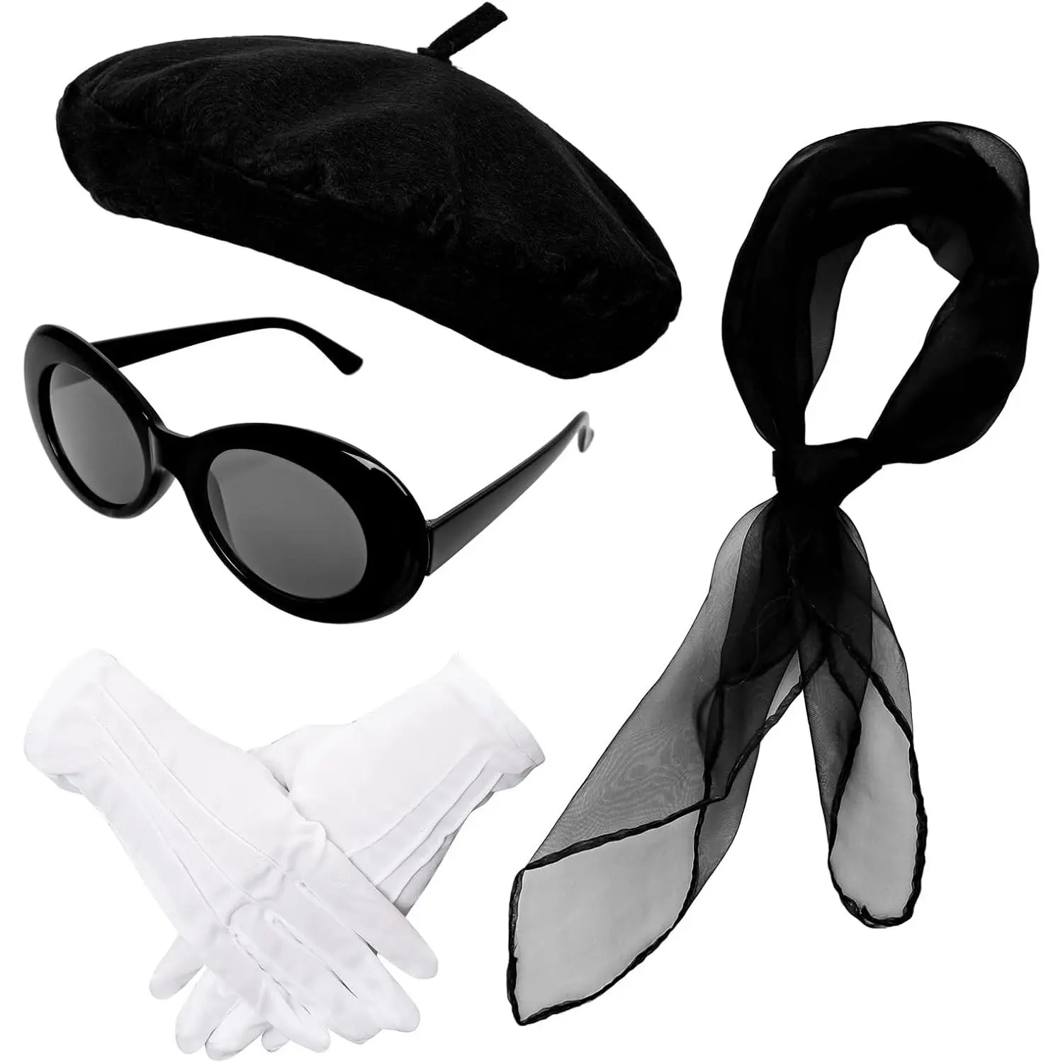 5 count  Red Beret Hat Set Women Girls Costume Accessories Including Scarf Gloves Beret Hat Sunglasses for Halloween