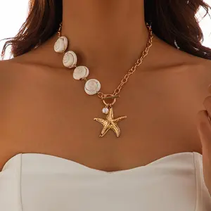Gold Starfish Necklace for Women Beach Jewelry Accessories Sea Shell Beach Necklace Layered Starfish Pendant Beachy Ocean Necklaces Boho Cowrie Seashell Summer Necklaces Jewelry Gifts Trendy Stuff