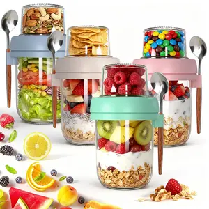 4-Pack 20oz Glass Overnight Oats Mason Jars with Lids & Spoons - Airtight, Leak-Proof, BPA-Free, Reusable, Stackable Dual Compartment Salad Jars, School & Kitchen Storage Bottles & Jars That Maintains Freshness