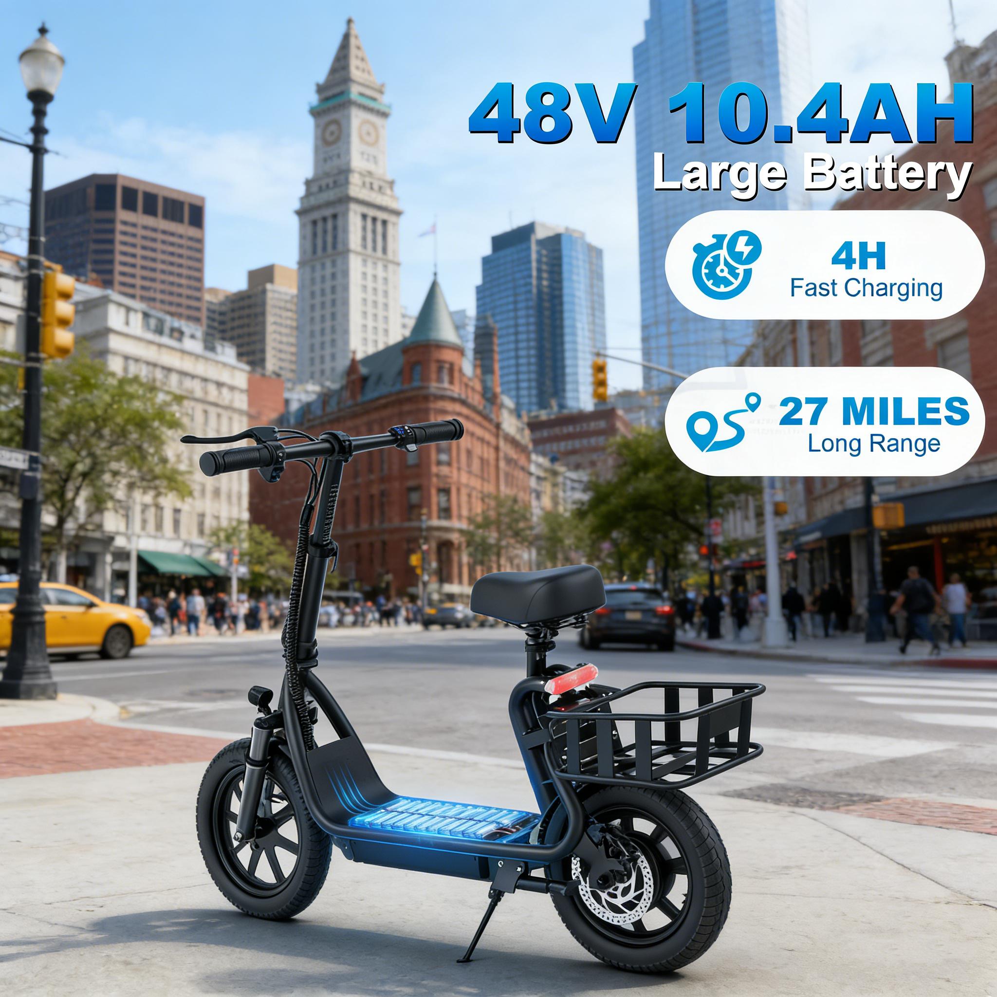 Electric Scooter for Adults with Seat,48V 10.4Ah Battery, Top Speed 22 mph, Driving Range 21-27 Miles, Pet-Friendly Design with Rear Basket
