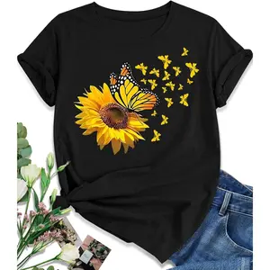 Women's sunflower heart design, romantic, nature-inspired Graphic T-Shirt - 100% cotton Short Sleeve Crew Neck Regular Fit Casual Wear | Soft & Breathable Fabric, Durable Print, Everyday Comfort, Machine Washable