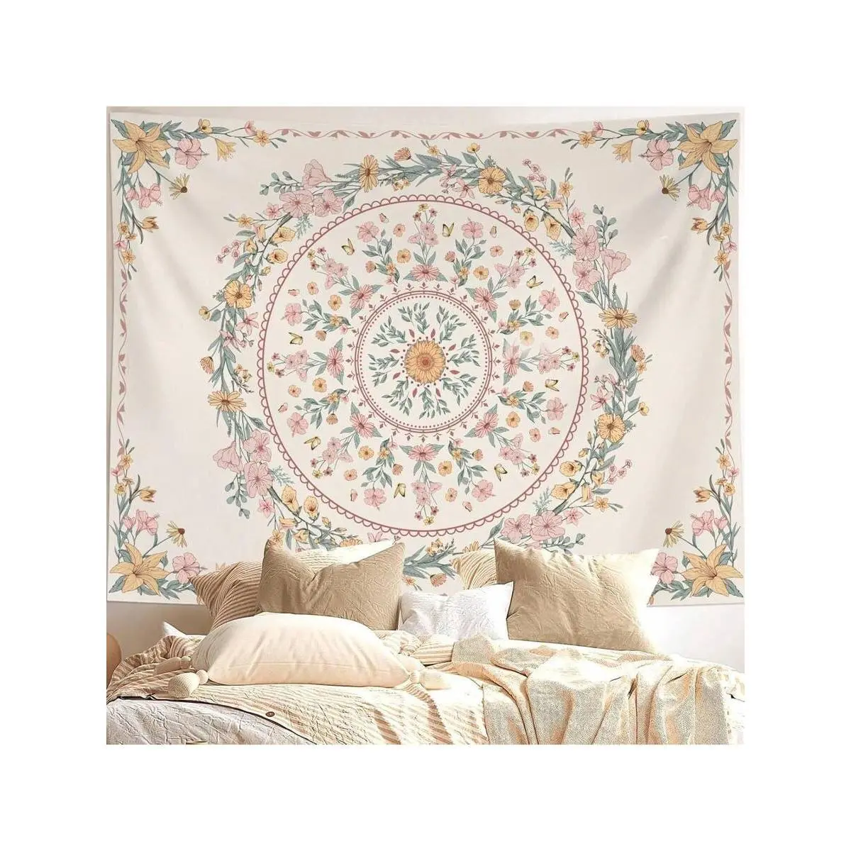 Bohemian Tapestry Wall Hanging, Beige White Floral Tapestry With Medallion Print Bedroom Boho Home Decor, WhiteSimple, Small 50*60 Inches