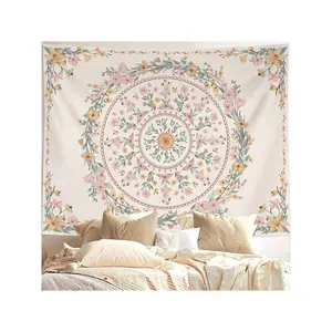 Bohemian Tapestry Wall Hanging, Beige White Floral Tapestry With Medallion Print Bedroom Boho Home Decor, WhiteSimple, Small 50*60 Inches