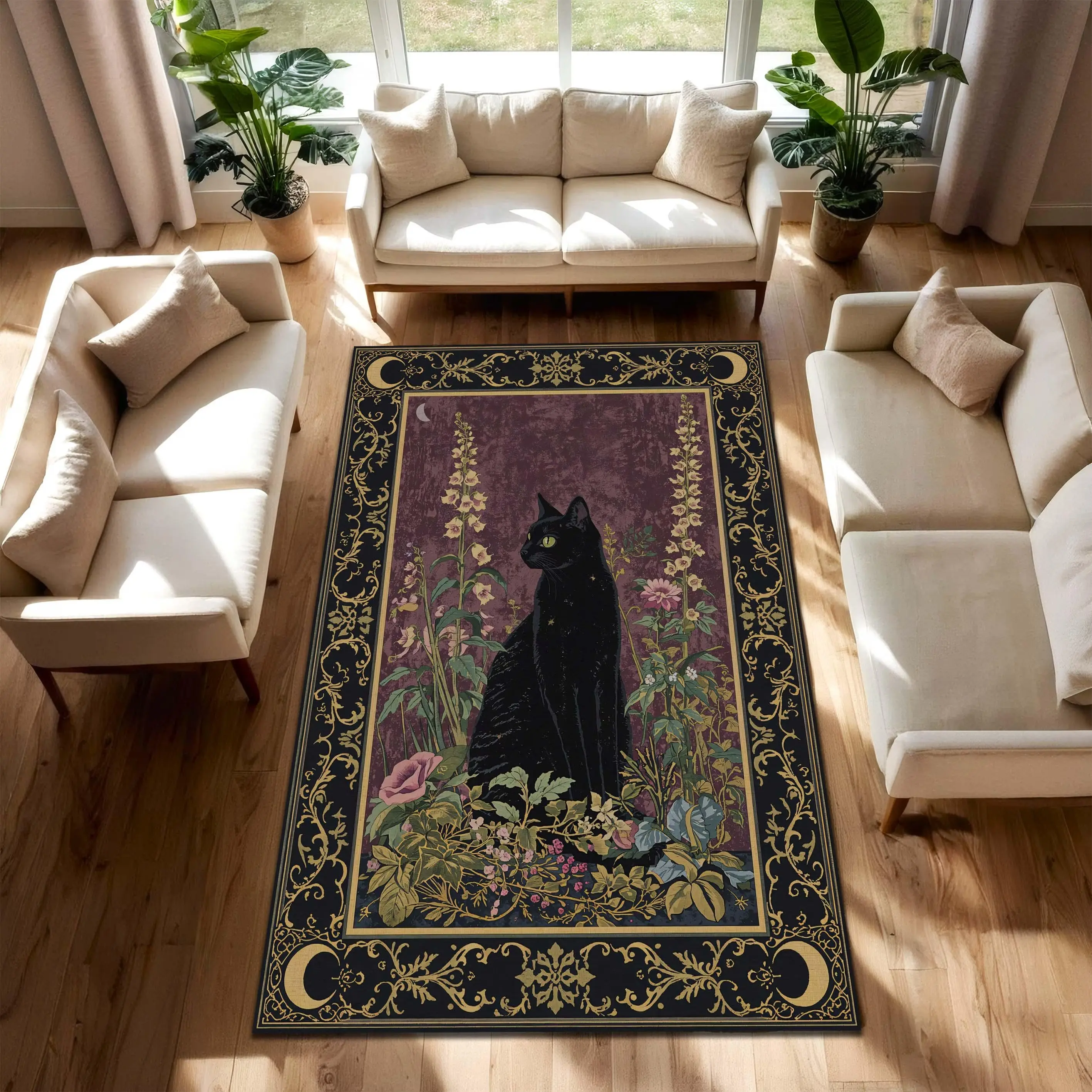 Black Cat Floral Area Rug - Witchy Celestial Gothic Botanical Vintage Art Nouveau Mat for Living Room, Bedroom