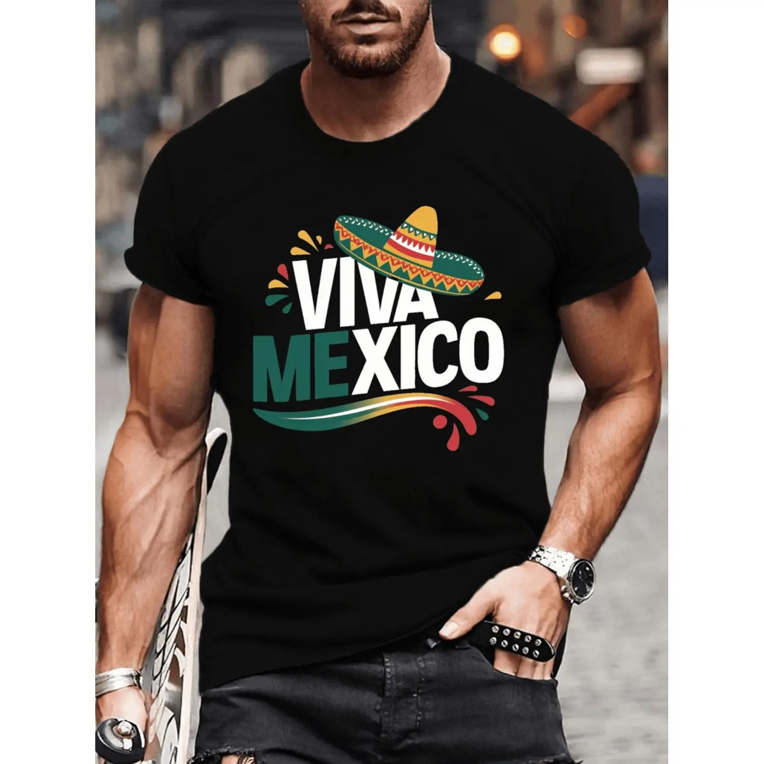 Viva Mexico" Vibrant Graphic Tee for Men - Casual Short Sleeve, Breathable Polyester, Machine Washable - Perfect Summer Fashion