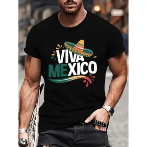 Viva Mexico" Vibrant Graphic Tee for Men - Casual Short Sleeve, Breathable Polyester, Machine Washable - Perfect Summer Fashion