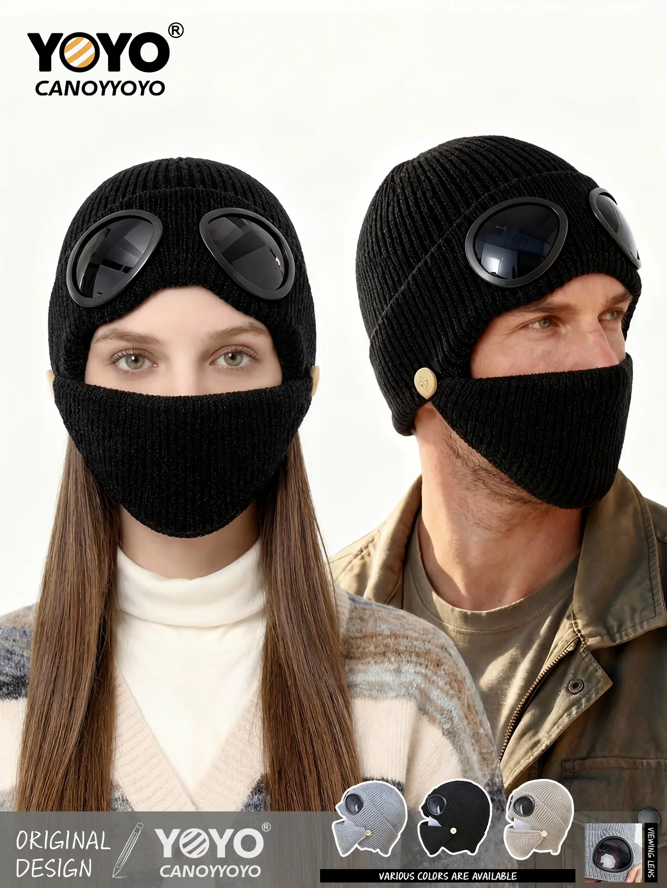 YOYO CANOYYOYO Original Design Winter Ski Mask Beanie with Built-in Goggles & Detachable Face Mask Windproof Integrated Face Cover Unisex Warm Hat for Skiing Snowboarding Motorcycle Riding