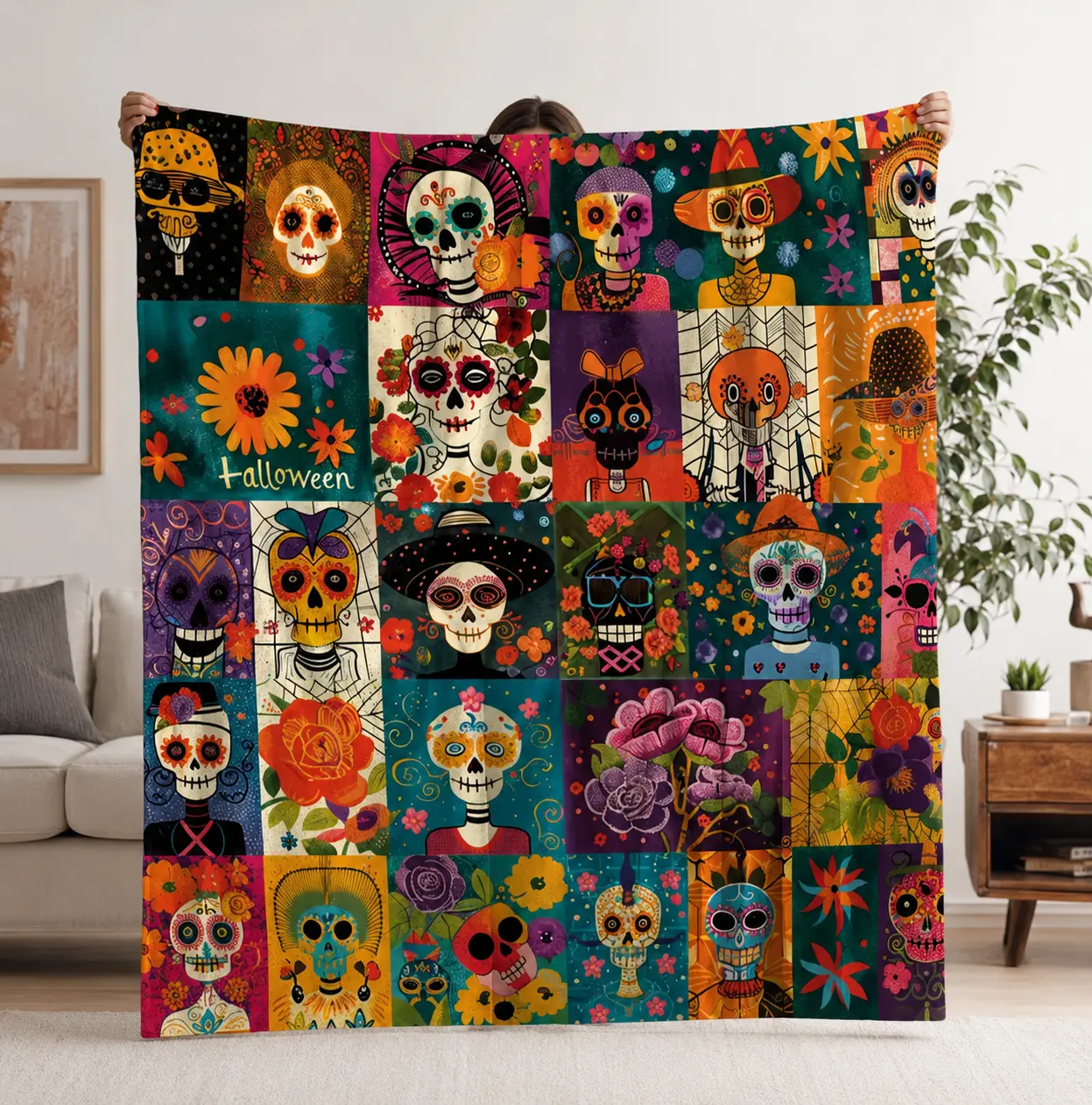Day of the Dead Flannel Throw Blanket, Colorful Sugar Skull & Floral Calavera Design, Soft Cozy Fleece Blanket for Adults, Día de los Muertos Home Decor, Couch Bedroom Gift