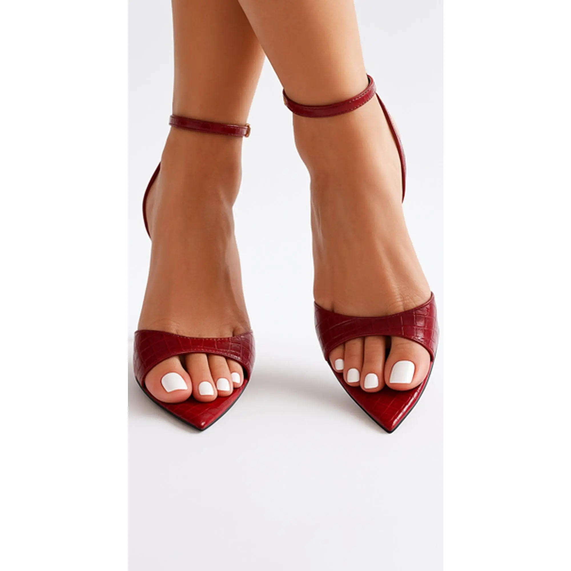 Gloss Glint Croc Lux Heeled  Sandals - Burgundy