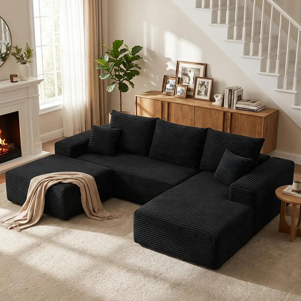 Oversized U-Shaped Corduroy Modular Sofa Deep Seat Cloud Couch with Removable Cushions 3-Seat Comfortable & Stylish Living Room Furniture