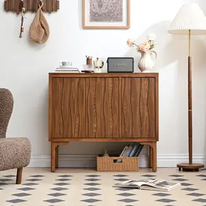 Mid-Century Modern Wave Door Storage Cabinet with Adjustable Shelves Solid Wood Legs Walnut 3-Door Design for Living Room or Entryway 35.1 H X 39.1 W X 14.1 D