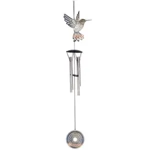 The House of Awareness Silver Hummingbird Wind Chime - 17 Inch Galvanized Metal Wind Chime with Soft Spoken Accents & Hanging Silver Circle for Outdoor Display