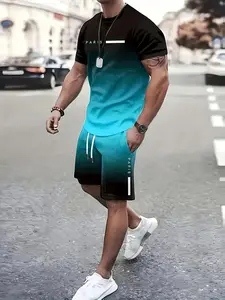Summer Men's Shorts and Sleeveless Set, Two-Piece Print Gradual Blue to, Paris Text and Stripes, Loose Breathable, Casual Sporty Fashion