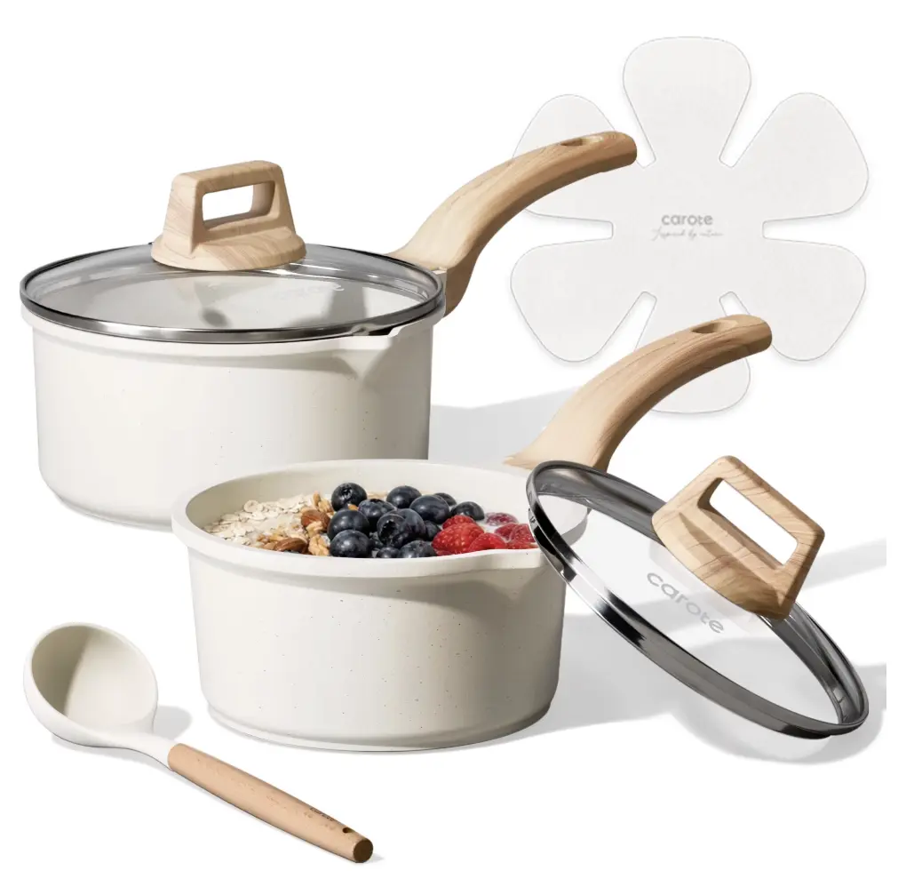 Carote 6-Piece Nonstick Saucepan Set with Lid, 1.5QT & 3QT Cooking Pots, Induction Compatible, White