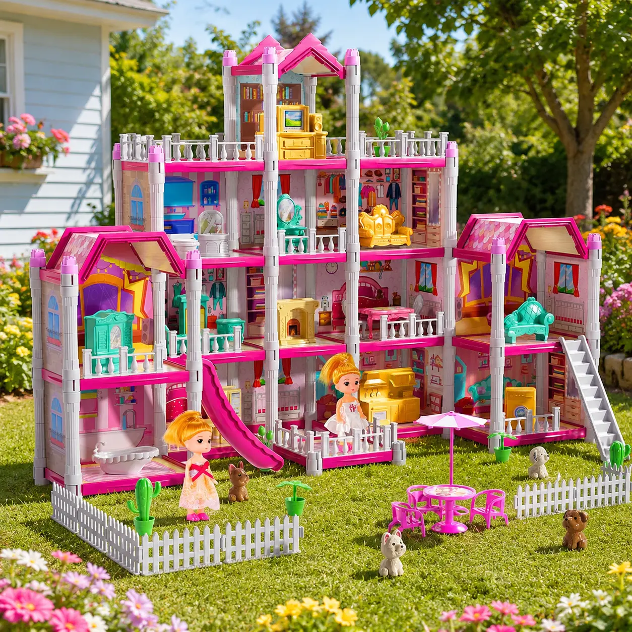 DIY Doll House for Girls - Fully Furnished Role Play Villa with Slide, Dolls, DIY Room Kits, Encourages Imaginative Play, Ideal Gift for 3+ to 4 Years Kids (Christmas/Birthday) Colorful