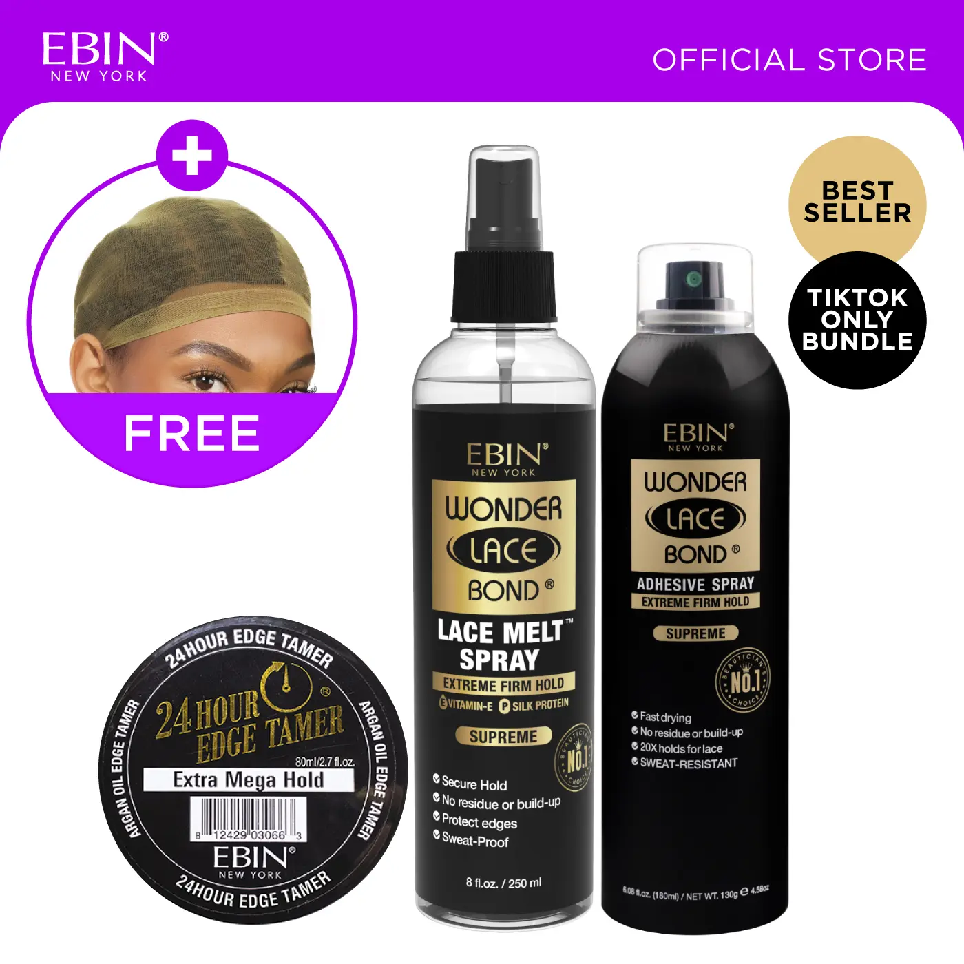 EBIN Wonder Lace Bond Complete Wig Install Kit + Edge Tamer Mega Hold & FREE HD Wig Cap | Adhesive Spray, Melt Spray, Edge Control Bundle