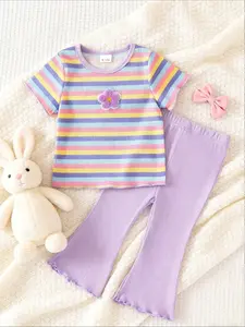 Two-Piece Baby Girl Floral Casual Short Sleeve T-Shirt & Flared Pants Set, Sweet Cute for Travel Home Party