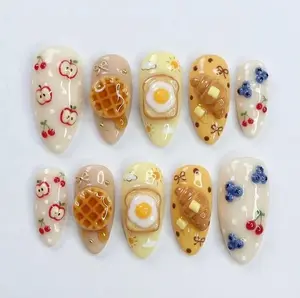 Handmade Breakfast Press On Nails, 3D Waffle and Fried Egg Nail Set, Croissant & Fruit Nail Art